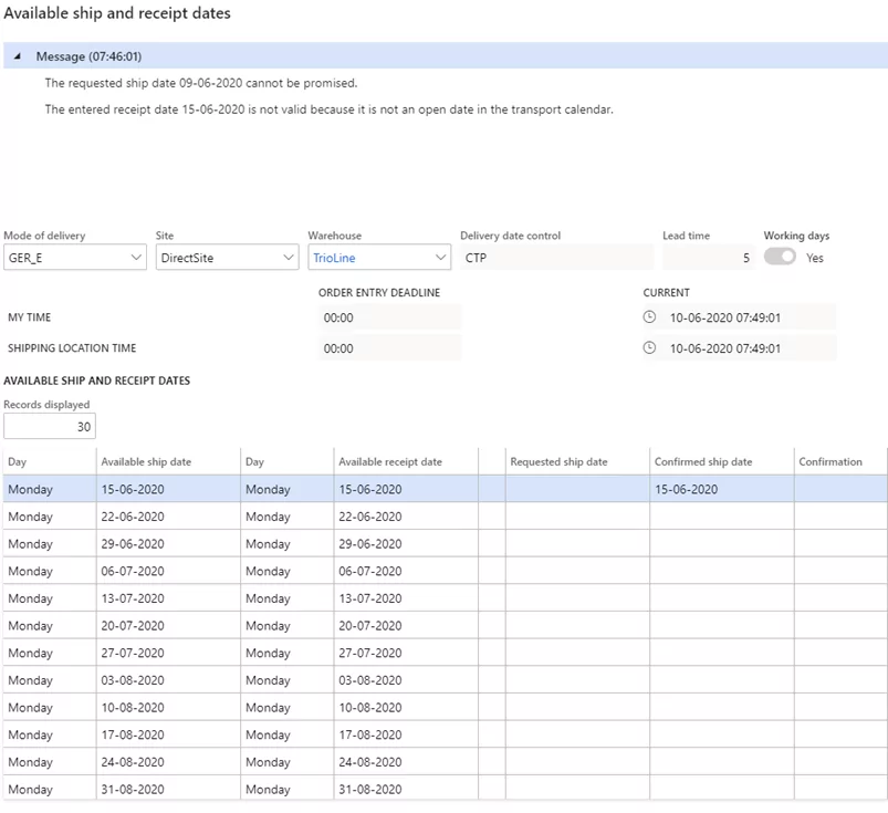 1.8 Styring af afsendelsesdage for salgsordrer i Dynamics 365 for Finance and Operations